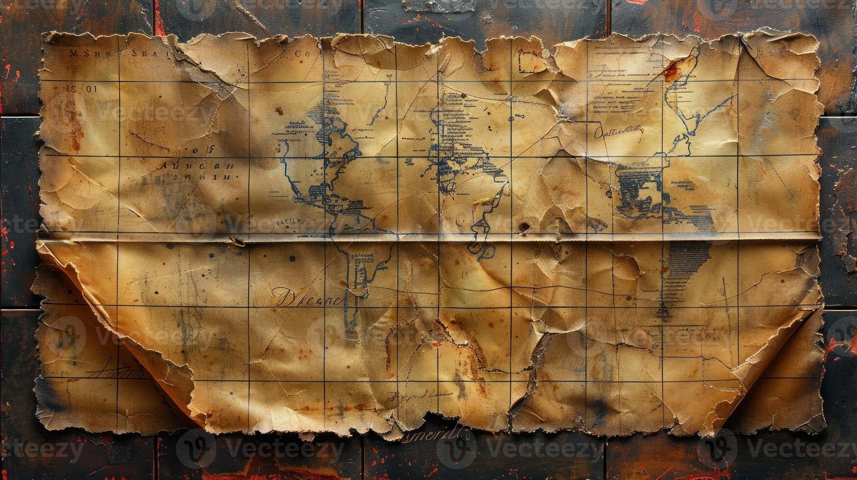 Aged, antique world map, crumpled and tattered, on a dark surface. photo