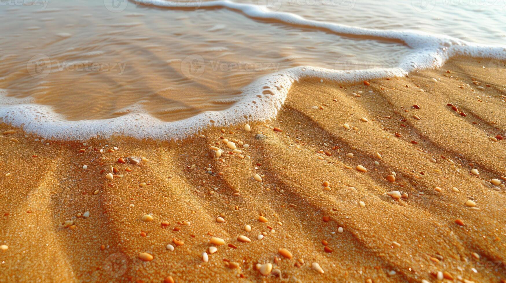 Gentle ocean waves lapping onto a sandy beach, with small shells and pebbles embedded in the wet sand. photo