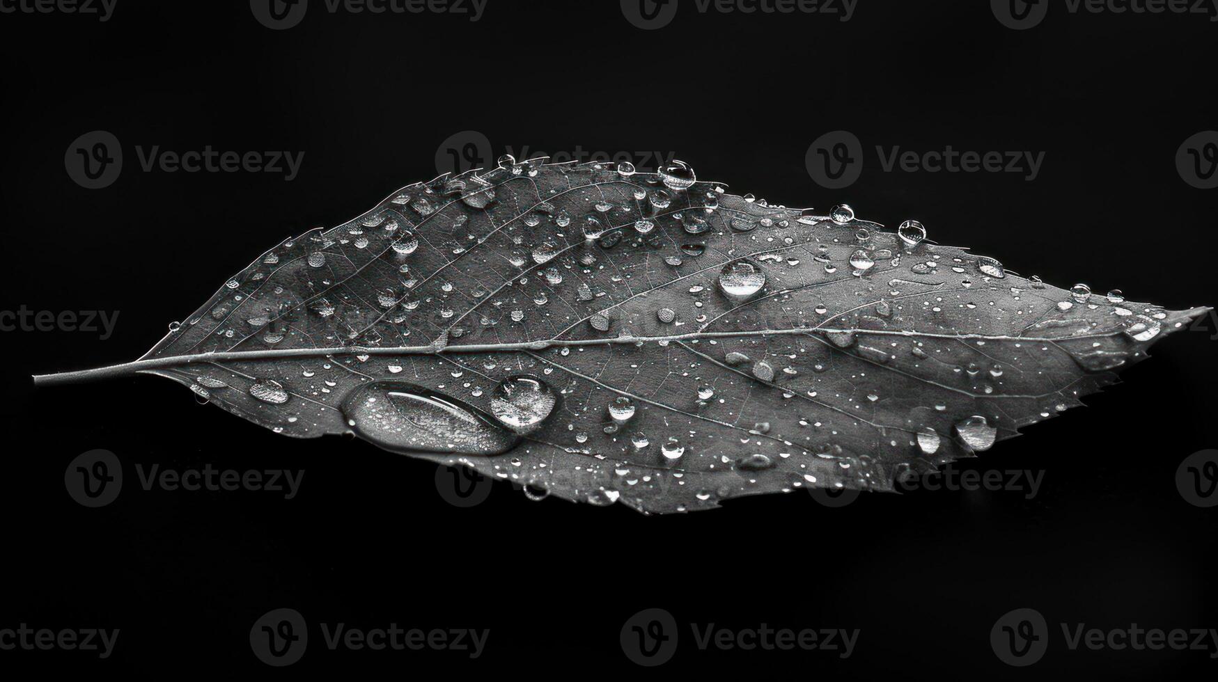 Close-up grayscale image of a leaf covered in water droplets on a dark background. photo