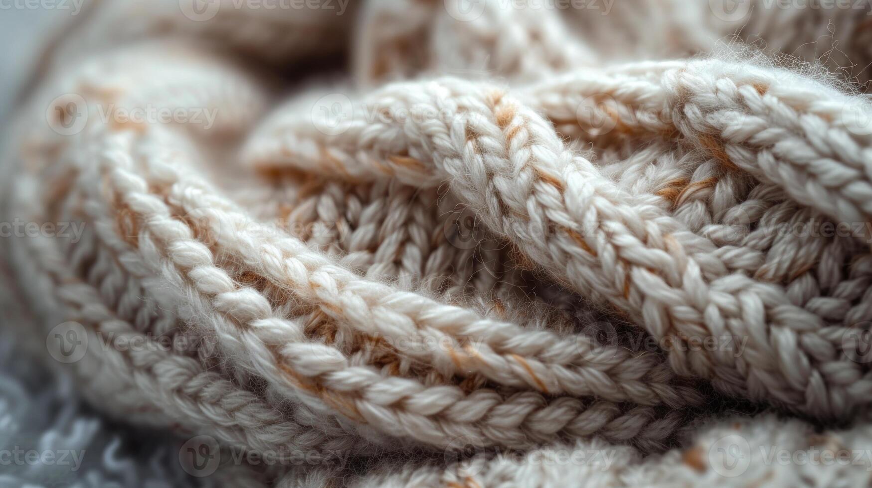 Close-up of a soft, textured knitted scarf, light beige with hints of gold. photo
