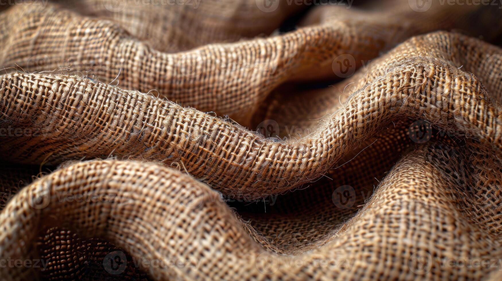 Close-up view of natural burlap fabric texture with intricate weave patterns. photo