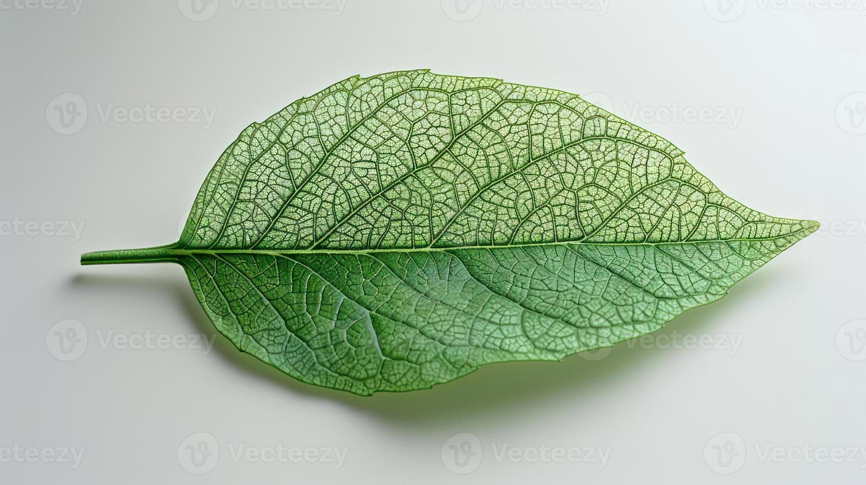 Close-up of a single vibrant green leaf, showcasing its intricate veins and texture against a plain white background. photo