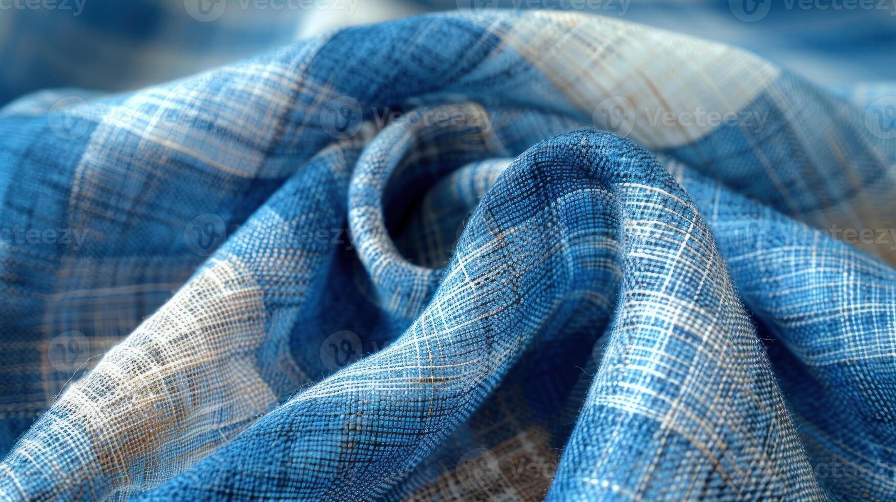 Close-up of a blue and cream checkered fabric, draped and textured. photo