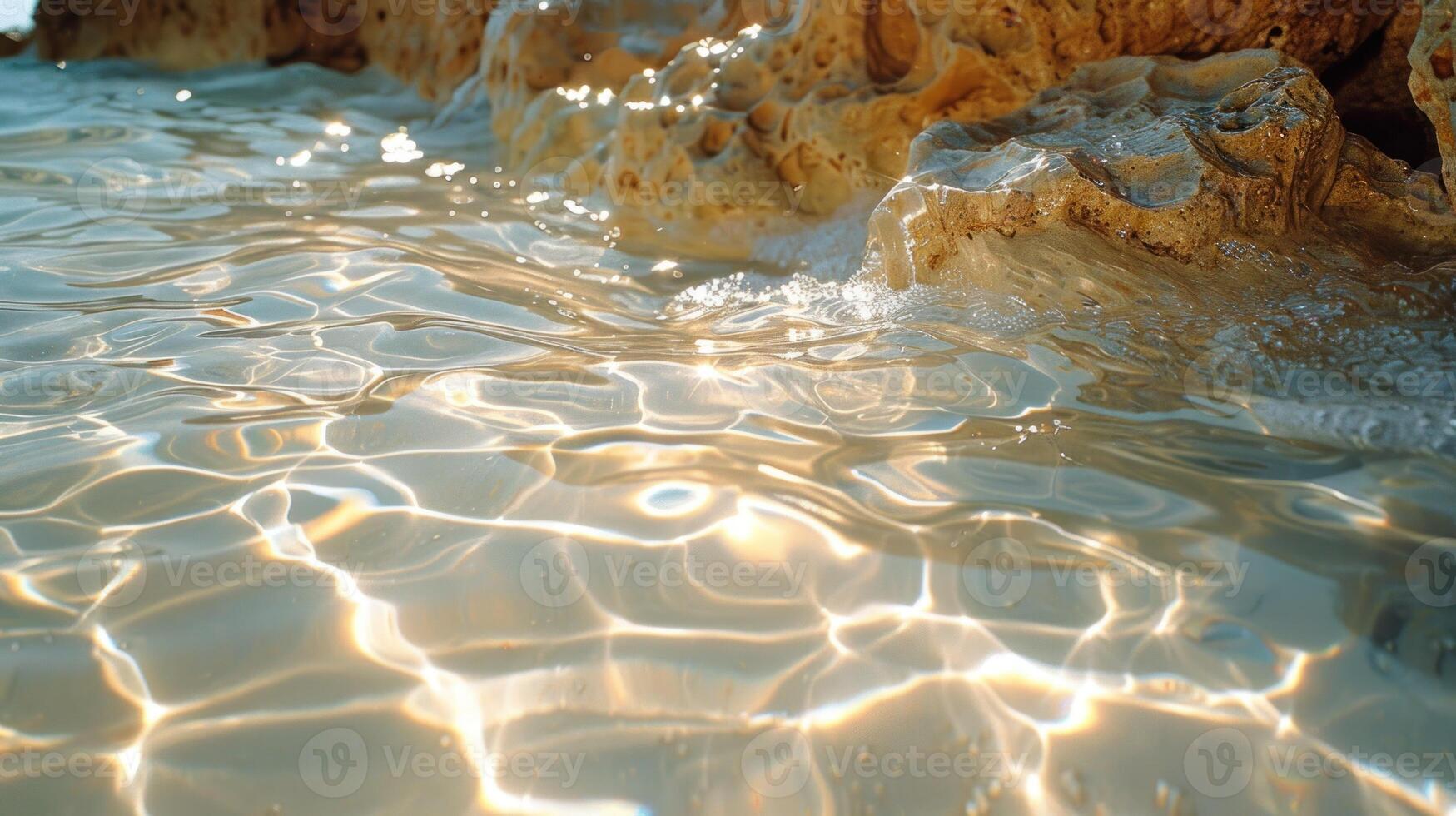 Sunlight reflecting on shallow, clear water lapping at light beige rocks. photo