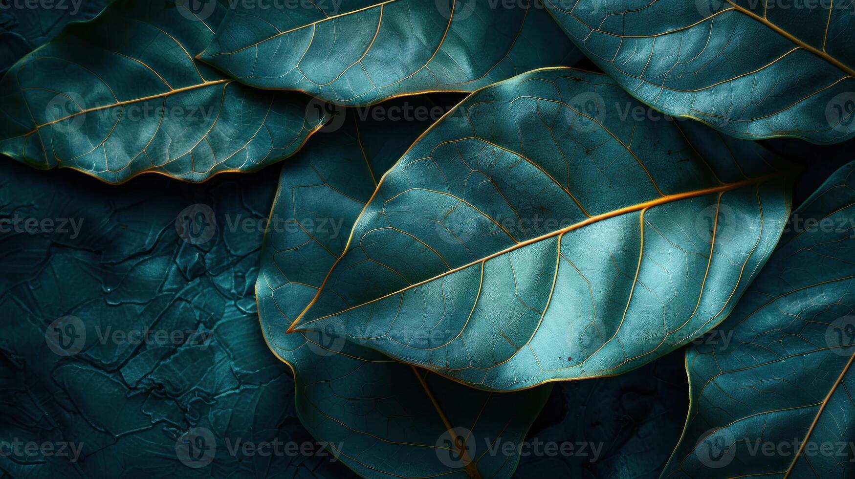 Textured backdrop with deep teal leaves, showing the veining and surface detail of lush foliage. photo
