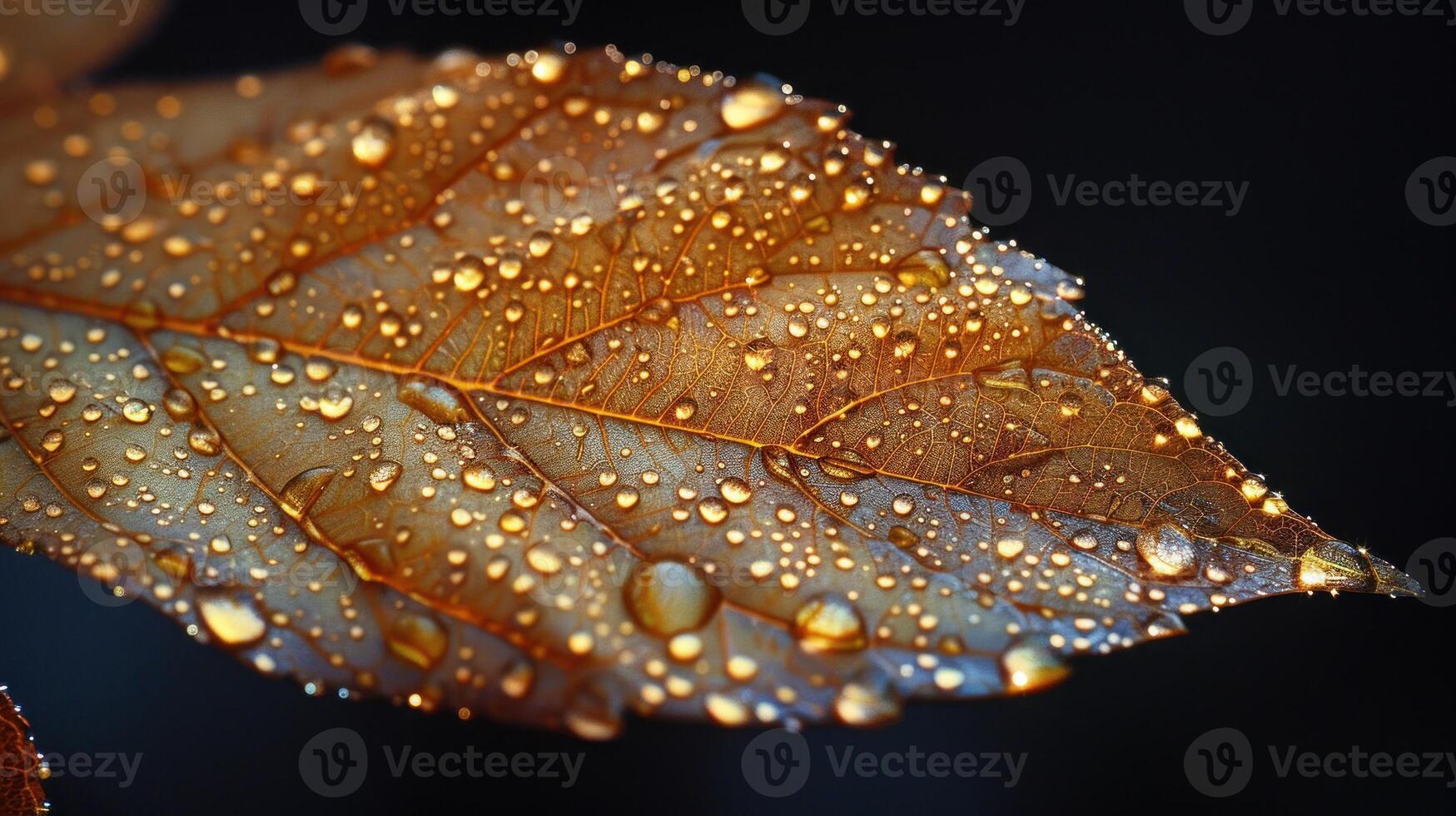 Close-up of an autumn leaf covered in water droplets. photo