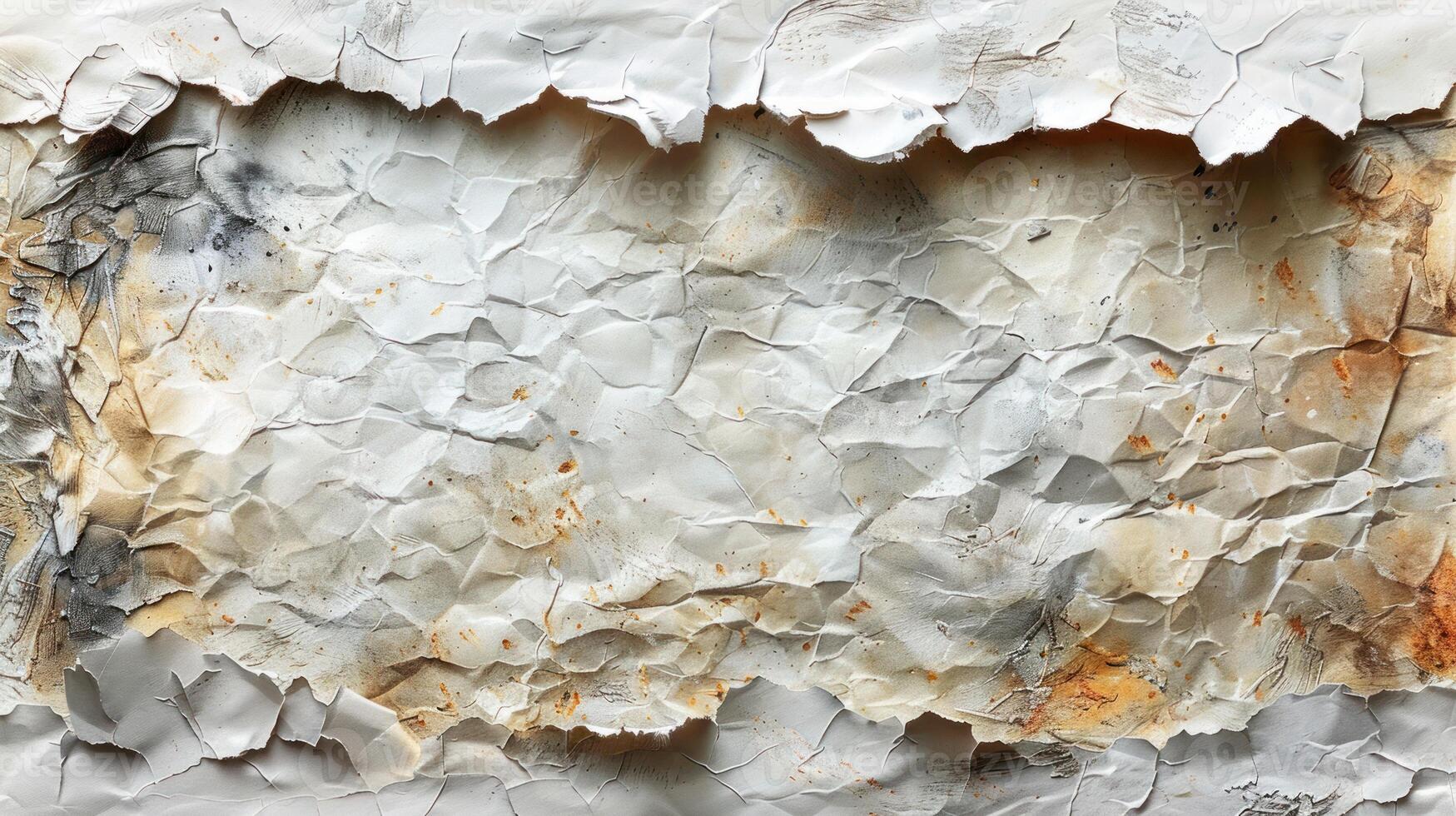 Cracked, wrinkled, aged paper with stains and tears. photo