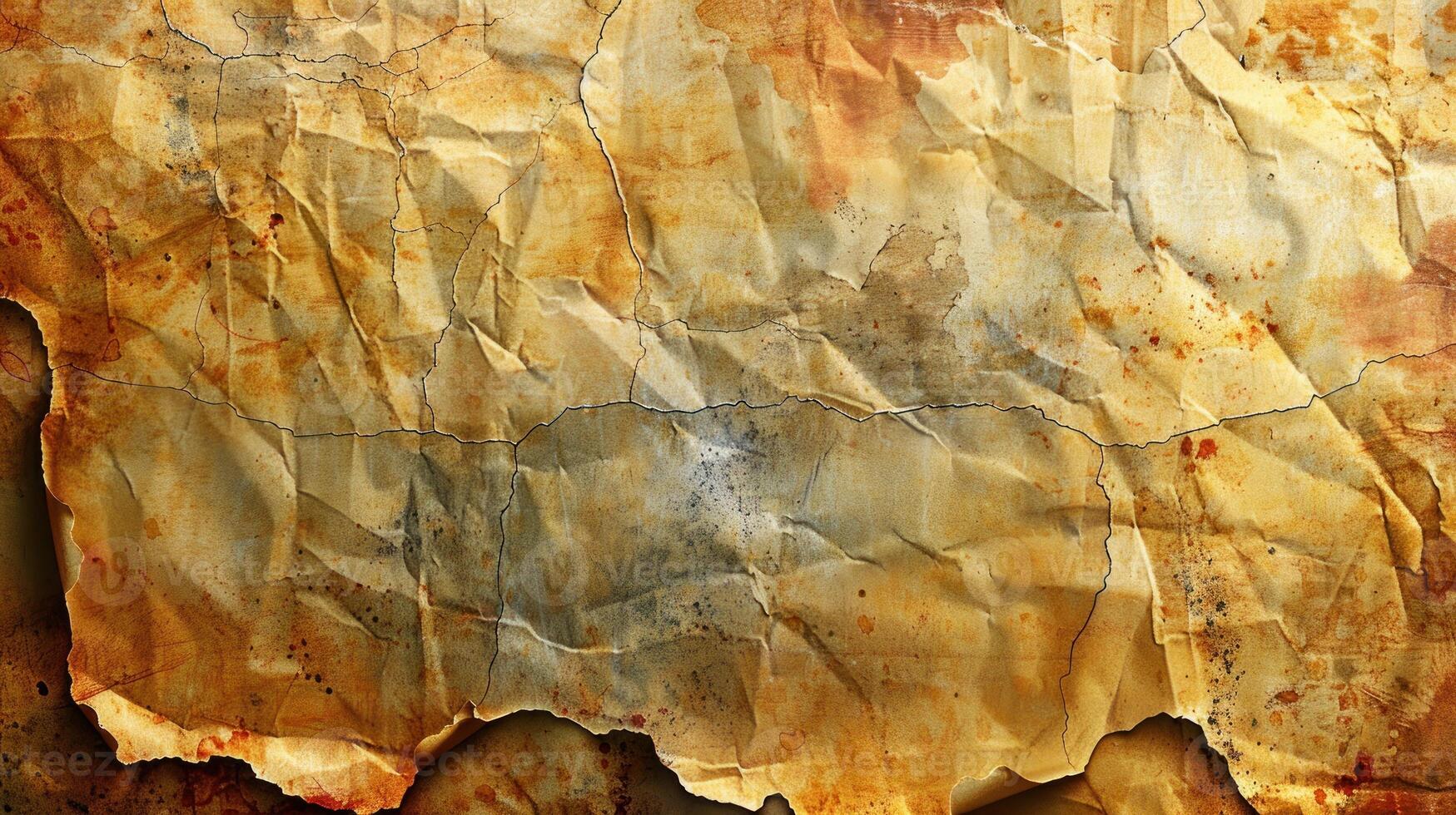 Aged, crumpled, distressed paper texture with cracks and stains. photo