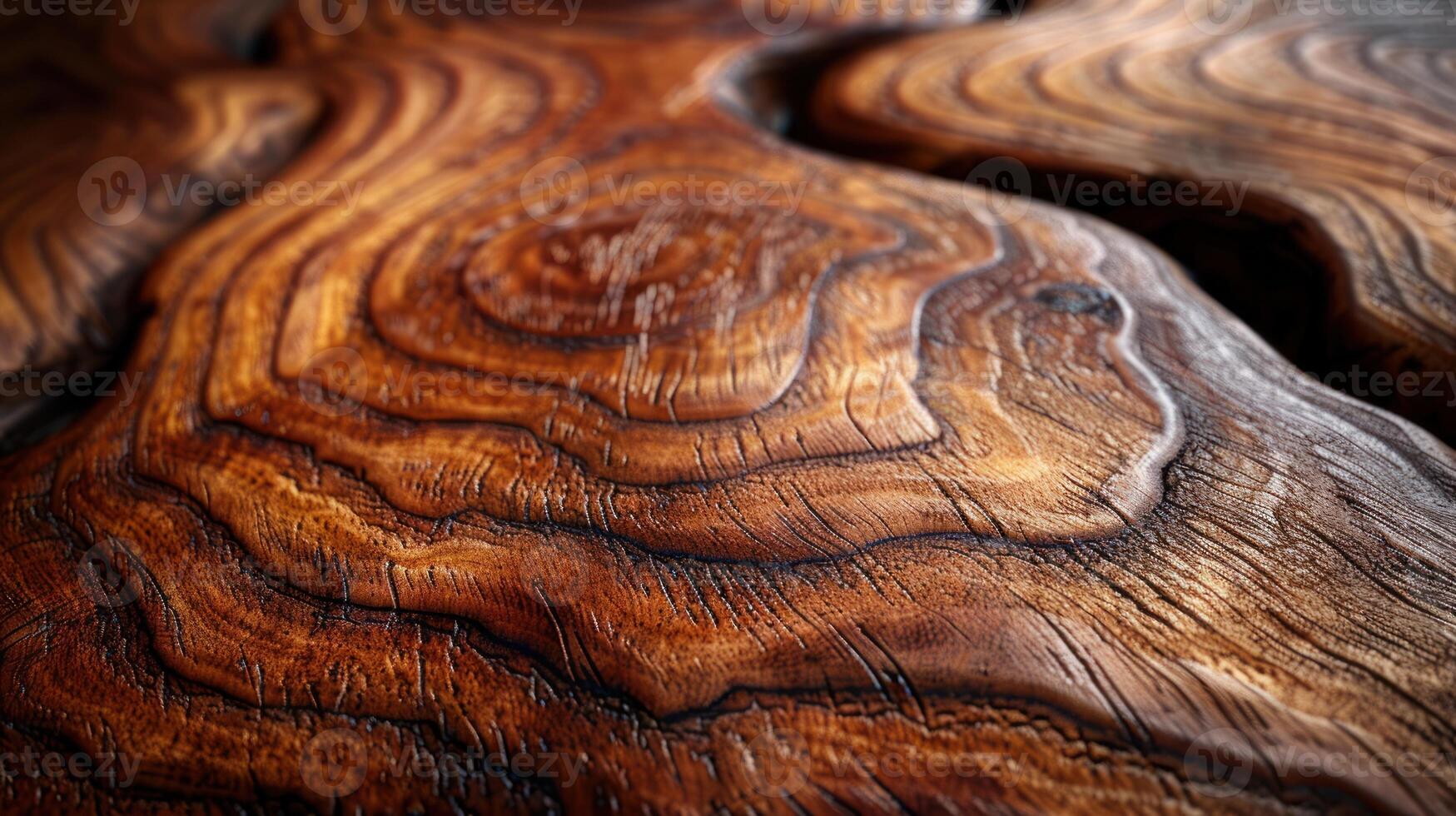 Close-up of a wood table top with intricate wood grain patterns. Detailed wood texture, dark brown hues, and natural wood grain are prominent. A piece of art made from reclaimed wood. photo