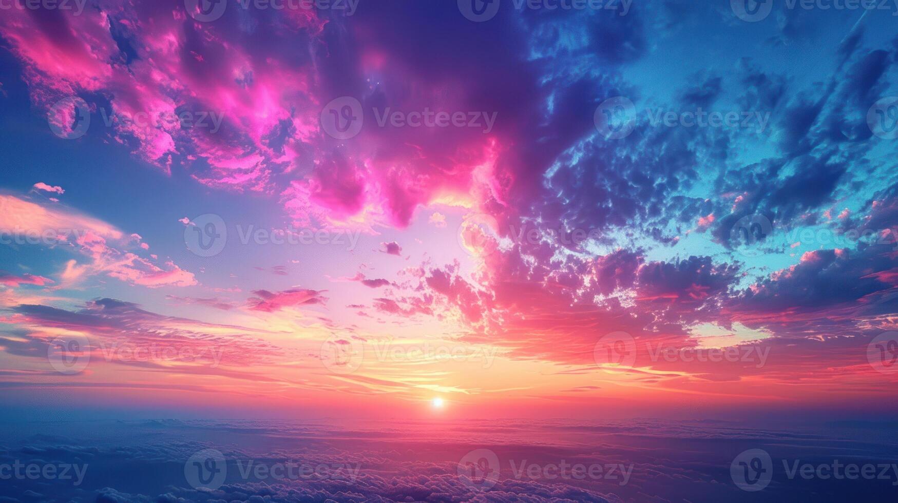 Vibrant sunset over cloudscape. A breathtaking view of a colorful sunset over a sea of clouds with vibrant hues of pink, purple, and blue. photo