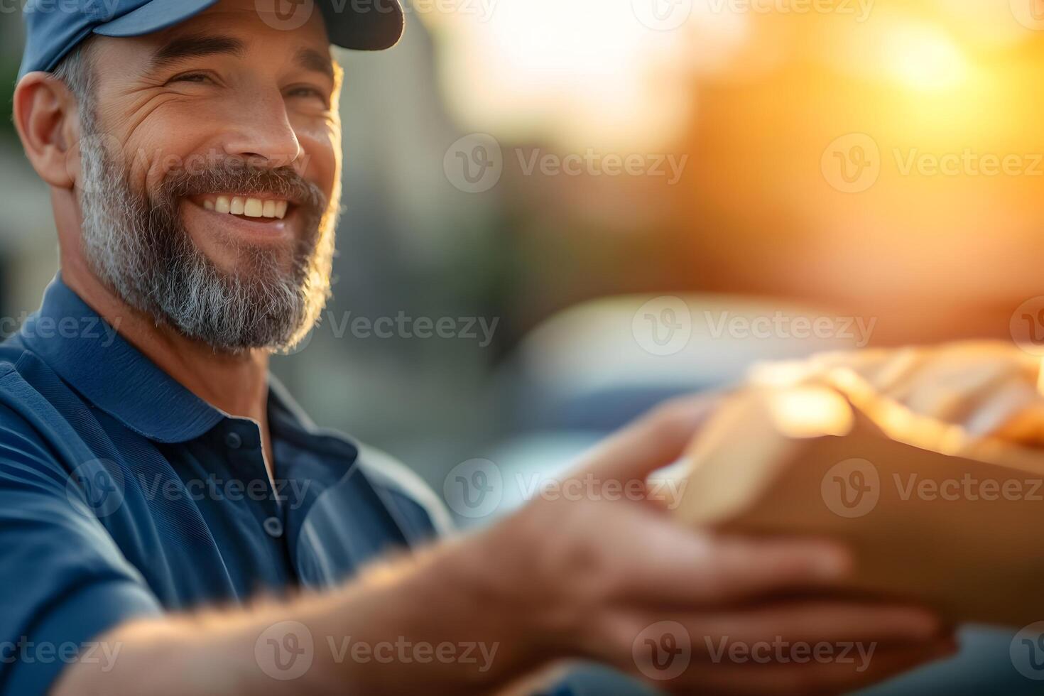Friendly Delivery Driver Handing Food Package to Happy Customer at Their Home Doorstep photo