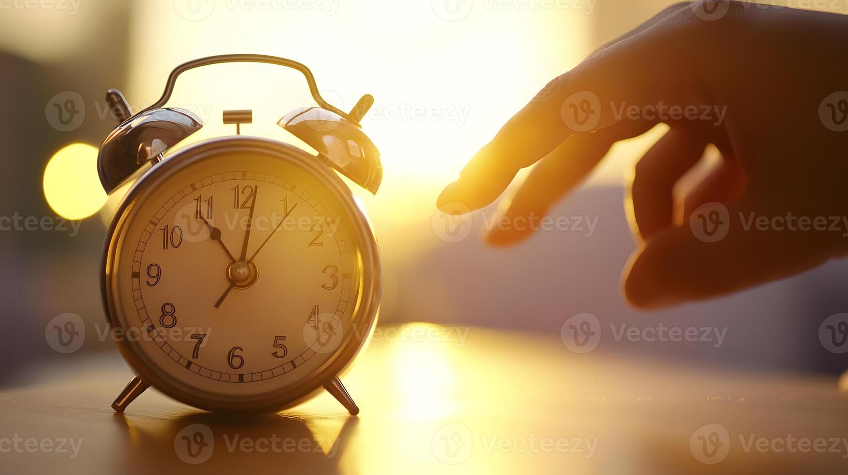 Retro Twin Bell Alarm Clock Ringing in Sunlit Bedroom with Person s Hand Reaching to Turn It Off photo