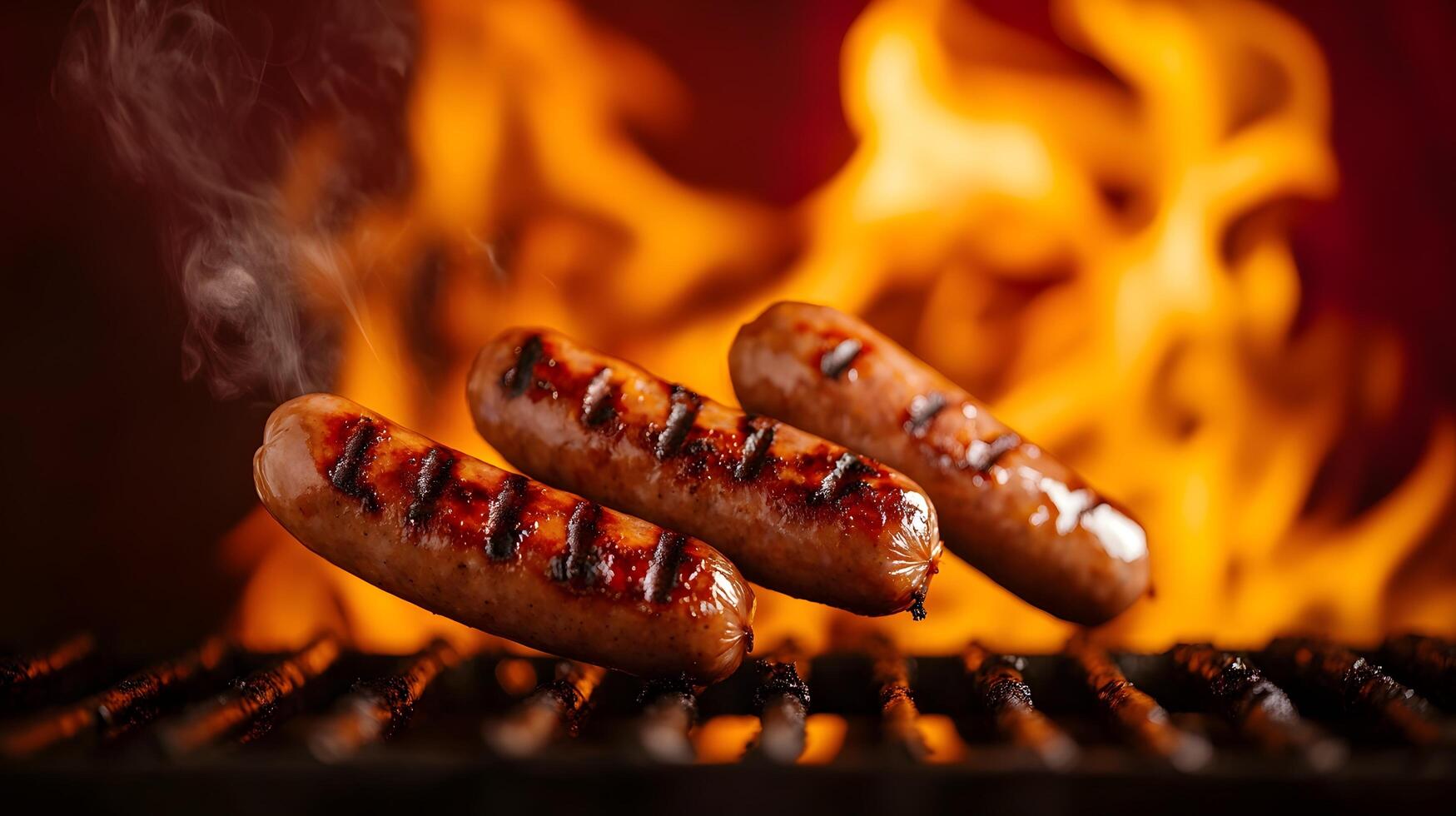 Sizzling Sausages on Flaming Grill photo
