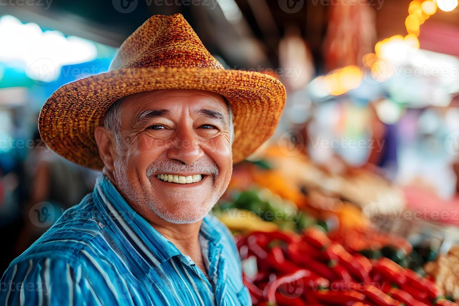 Joyful Traveler Explores Vibrant Market Immersed in Colorful Sights and Lively Culture photo
