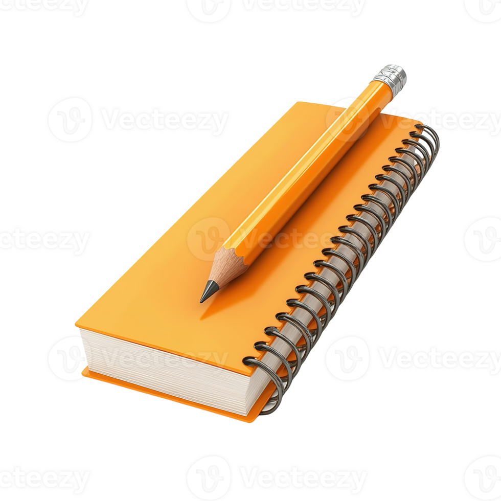 A yellow pencil rests on a spiral bound notebook png