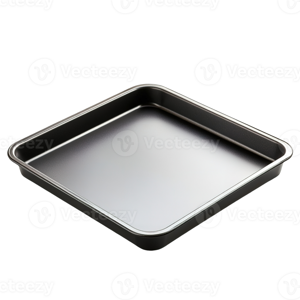 An empty shiny square baking tray is shown on display png