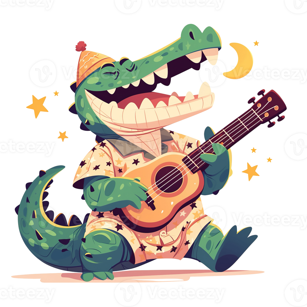 A smiling alligator playing a small guitar with musical joy png
