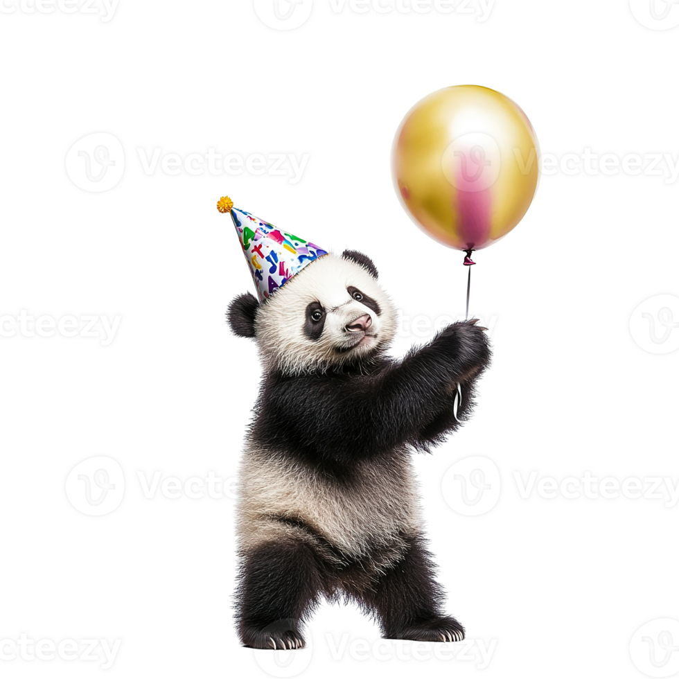 A panda bear wearing a party hat holding a balloon appears happy png