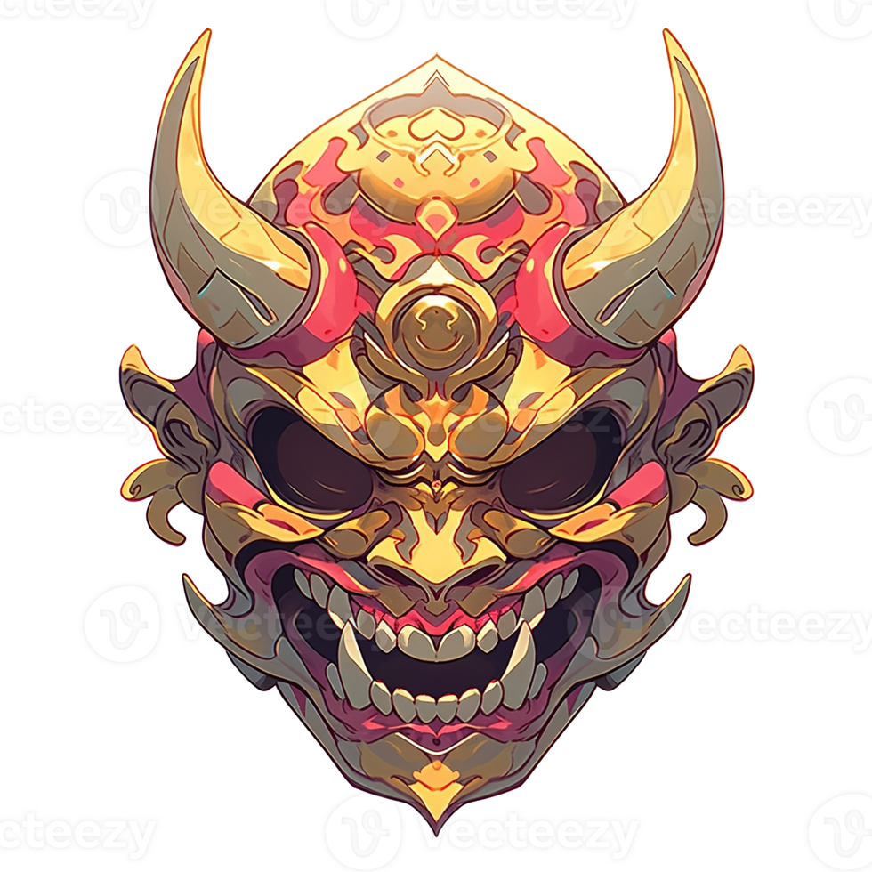 A detailed illustration of a golden oni demon mask png