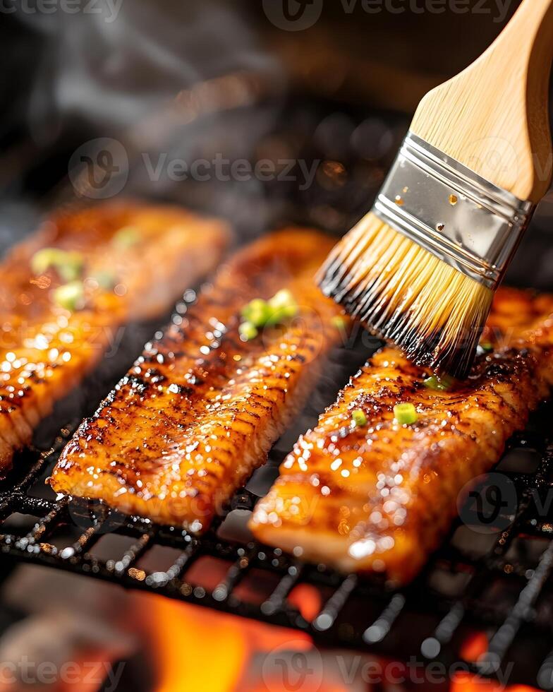 Freshly Grilled Eel Drizzled with Tare Sauce on a Charcoal Grill Enveloped in Tantalizing Smoke photo
