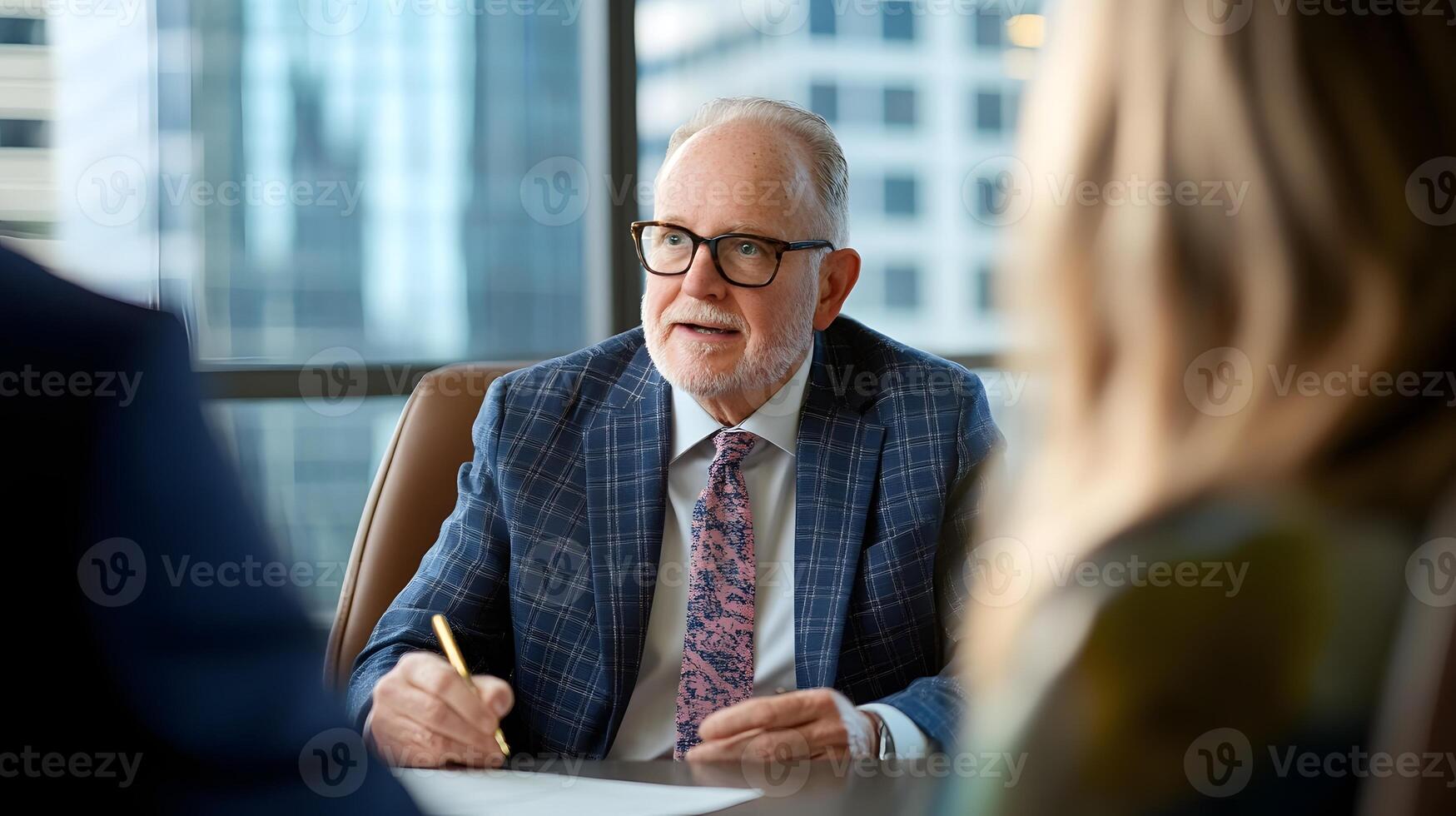 Stylish Financial Advisor Explains Asset Diversification to Client in Premium Office Setting photo