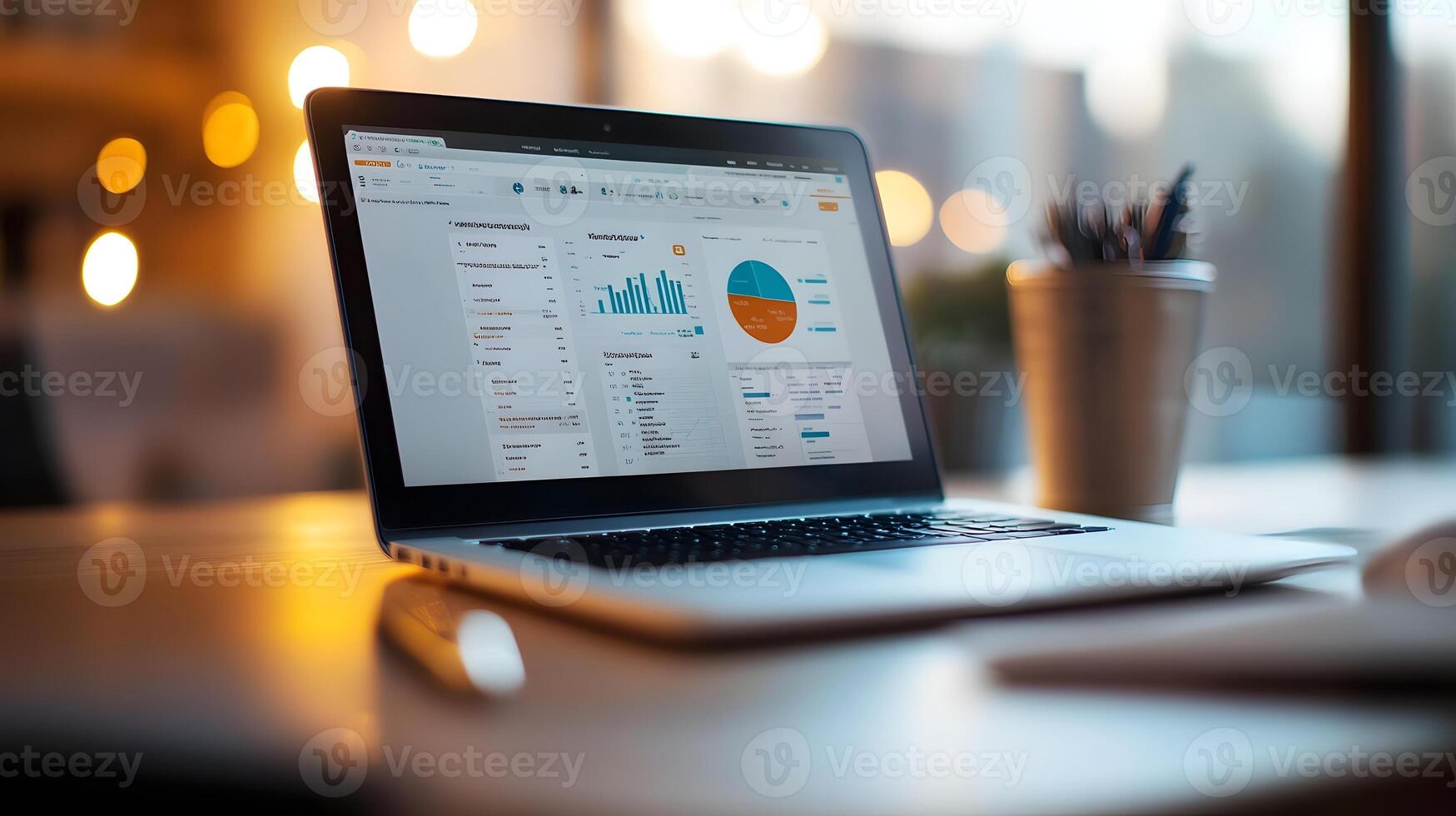 Modern Workspace with Laptop Displaying Tax Return Software and Sleek Business Analytics photo