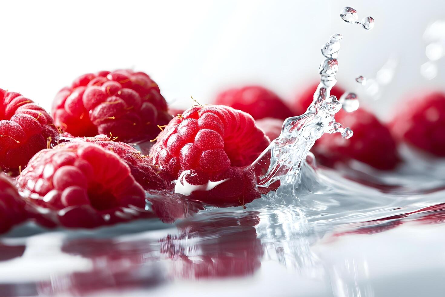 Juicy raspberries plunging into refreshing water creating an elegant splash effect photo