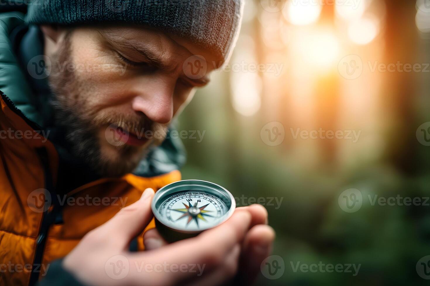 Hiker Using Compass to Navigate Through Dense Forest for Adventurous photo