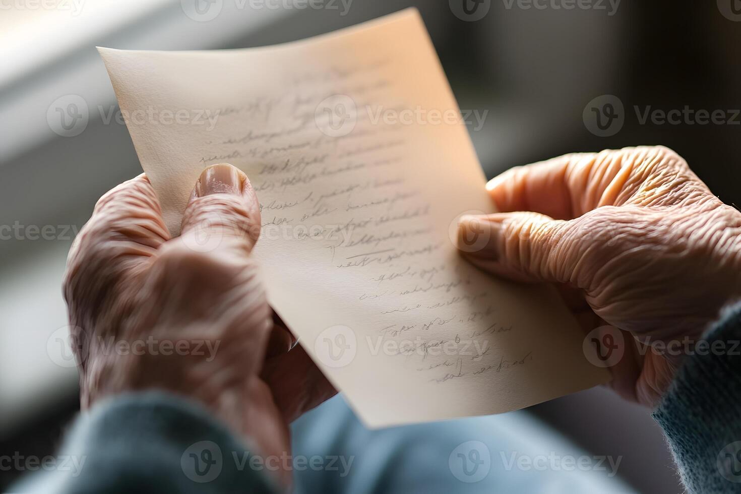 Elderly Person Receiving Heartfelt Thank You Letter in Warm Emotional Moment of Natural Lighting photo