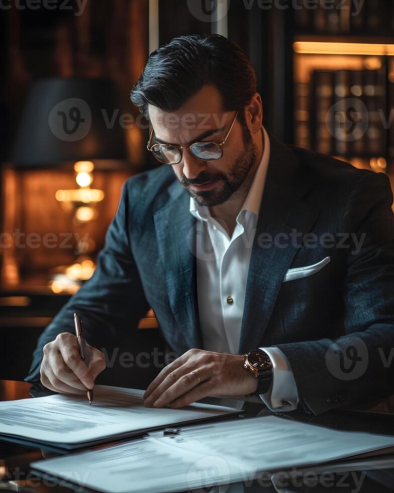 Successful entrepreneur signing important invoice in high end office with elegant and sophisticated photo