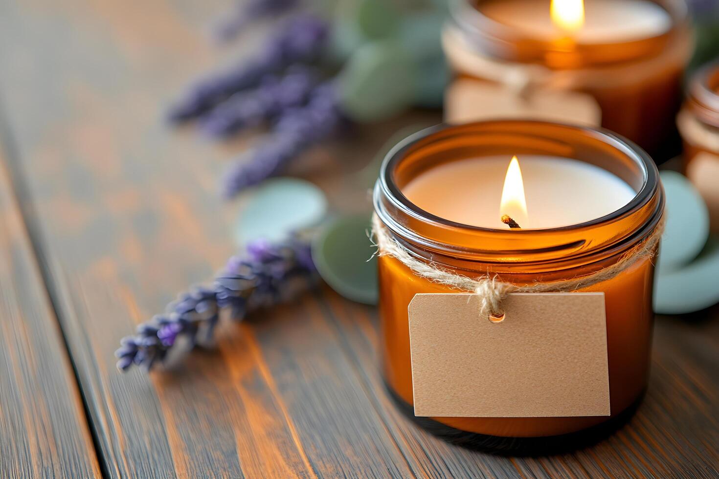 Soy Wax Candles in Amber Glass Jars with Kraft Paper Labels photo
