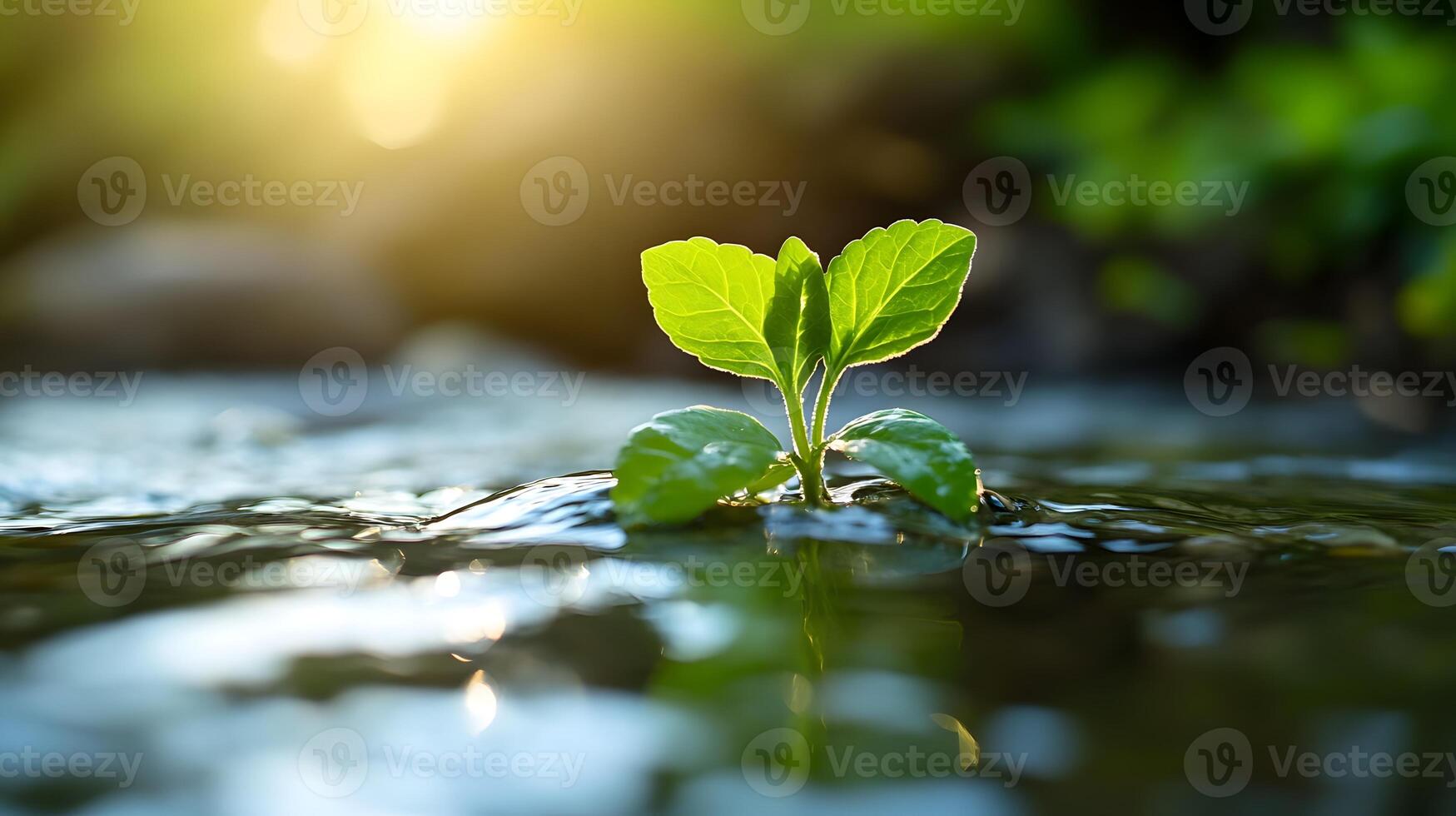 Lush Wasabi Plant Thriving in Mountain Stream with Sunlit Foliage photo