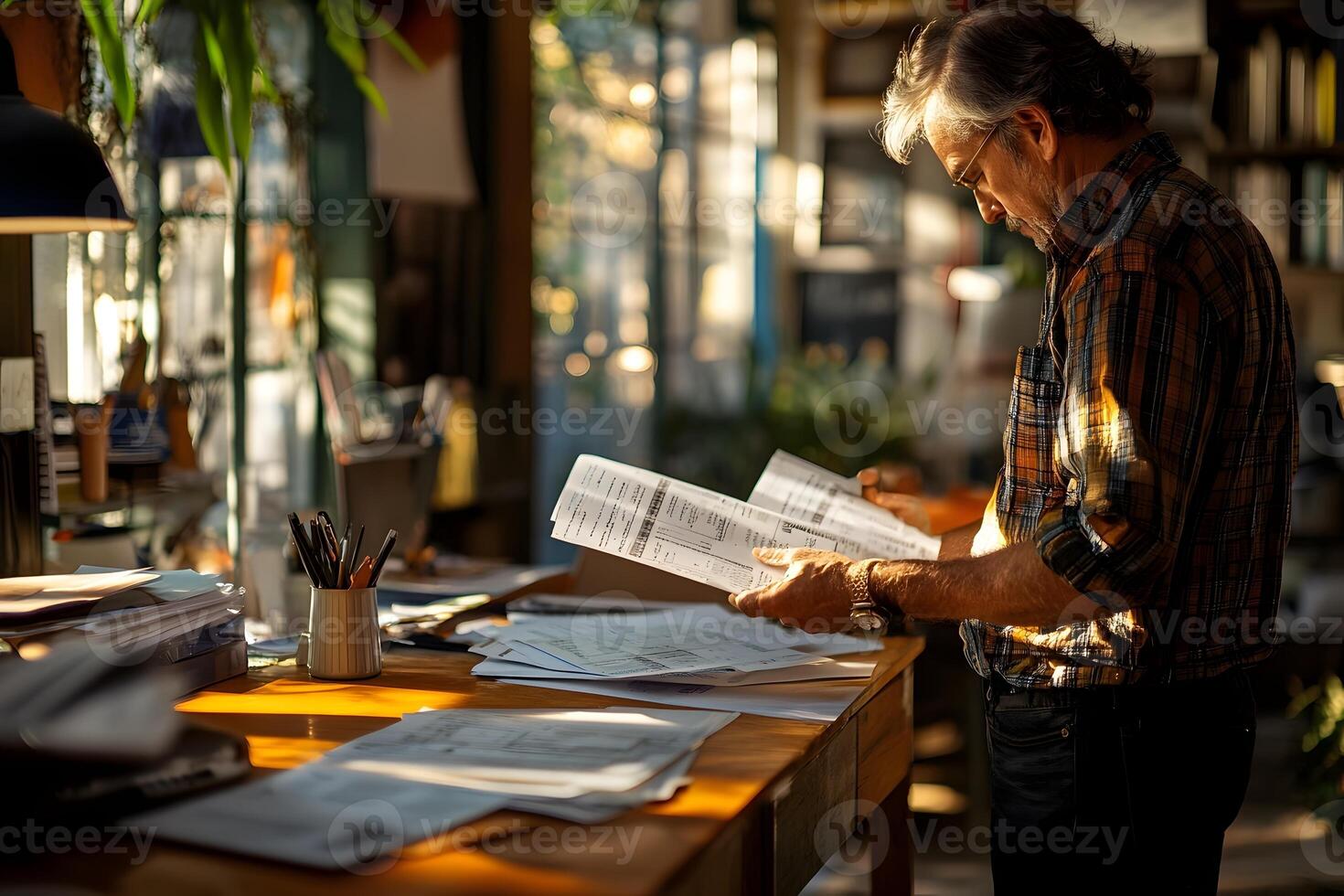 Small Business Owner Reviewing Invoice at Desk in Warm Lighting photo