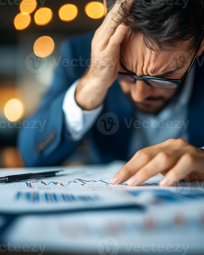 Overwhelmed Businessman Drowning in Corporate Finance Data and Reports photo