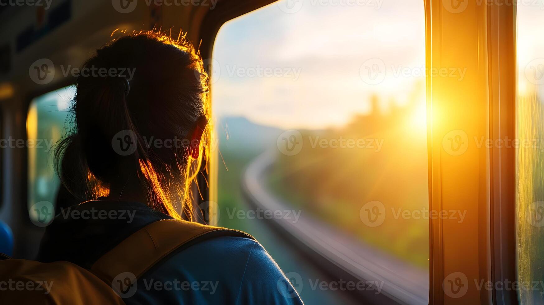 Traveler Boards Scenic Train Journey Through Lush Landscapes with Window Reflections and Cinematic photo