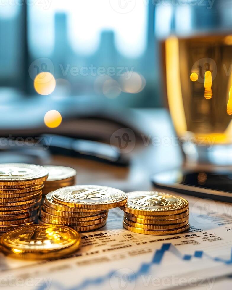 Luxury Business Setting with Gold Coins Tax Documents and Financial Graphs Symbolizing Wealth and photo
