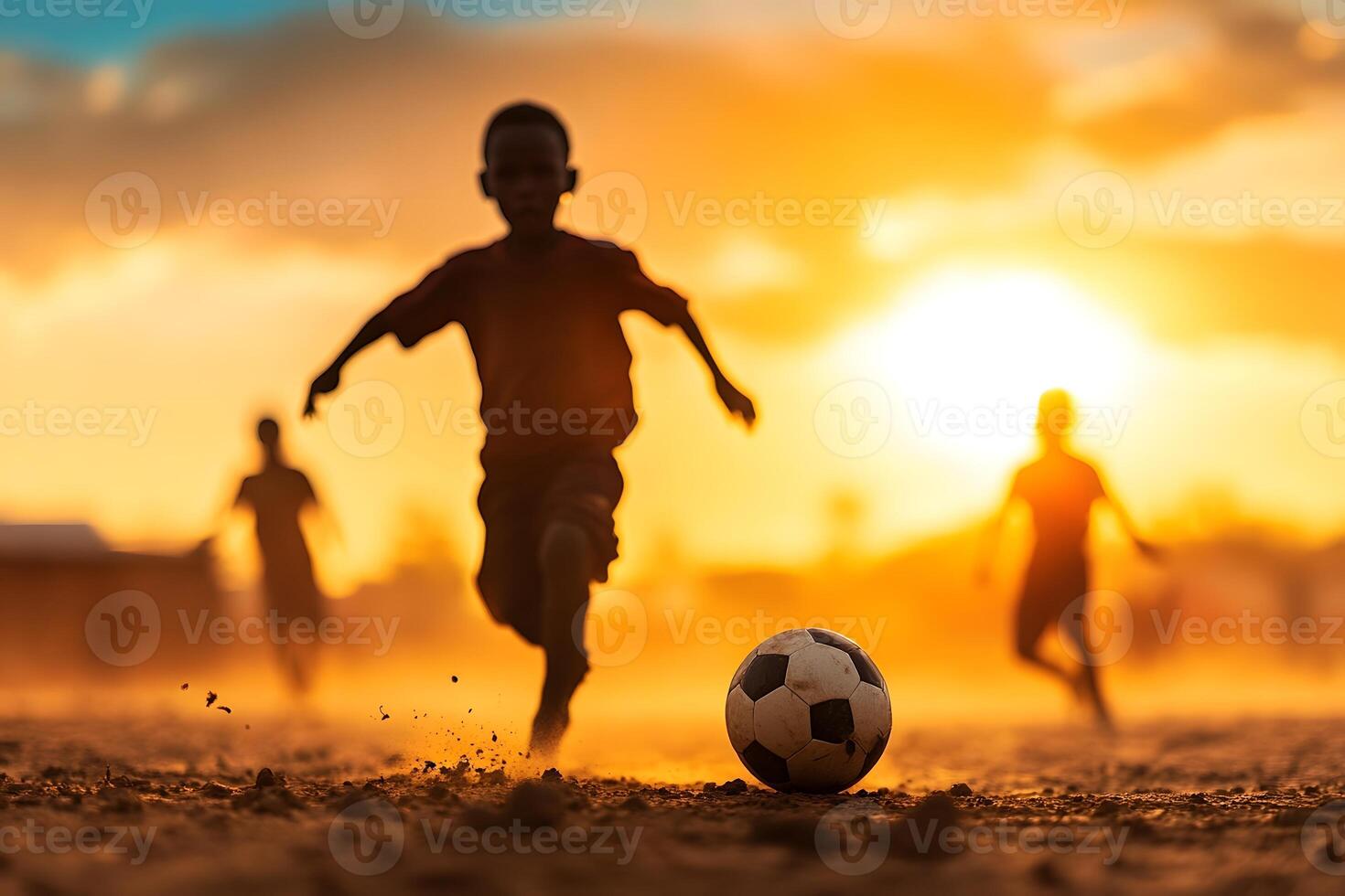 Silhouetted Soccer Players Kicking Ball in Warm Sunset Lighting on Dusty Field photo