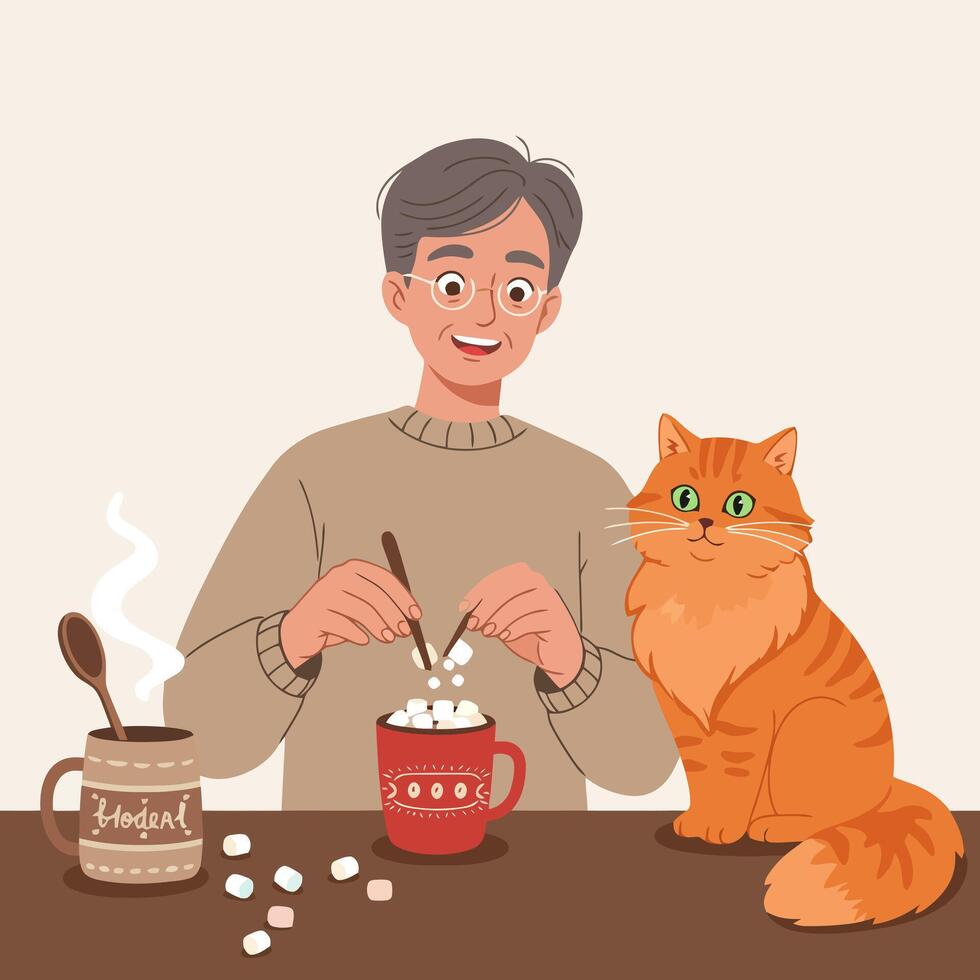 Person Adding Marshmallows to Hot Chocolate with Cat Watching vector