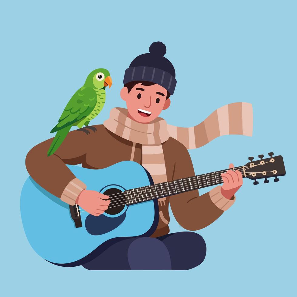 Playing Guitar with Parrot Companion in Winter Clothing Illustration Style vector