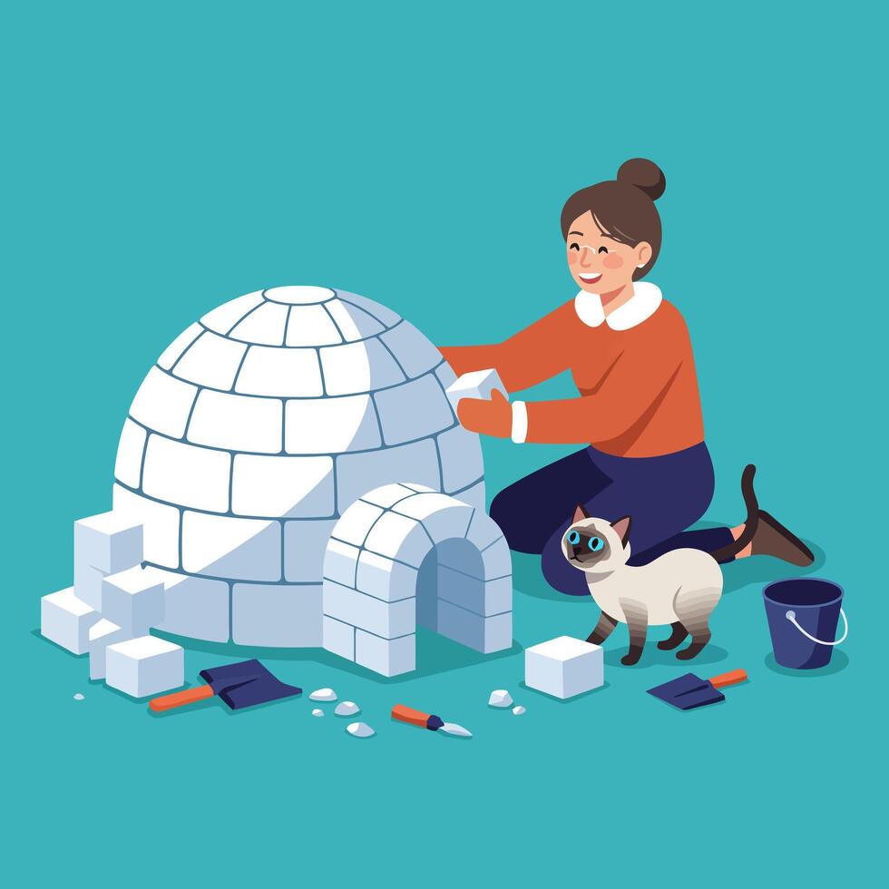 Woman Building Igloo with Cat Watching Construction Process in Winter vector