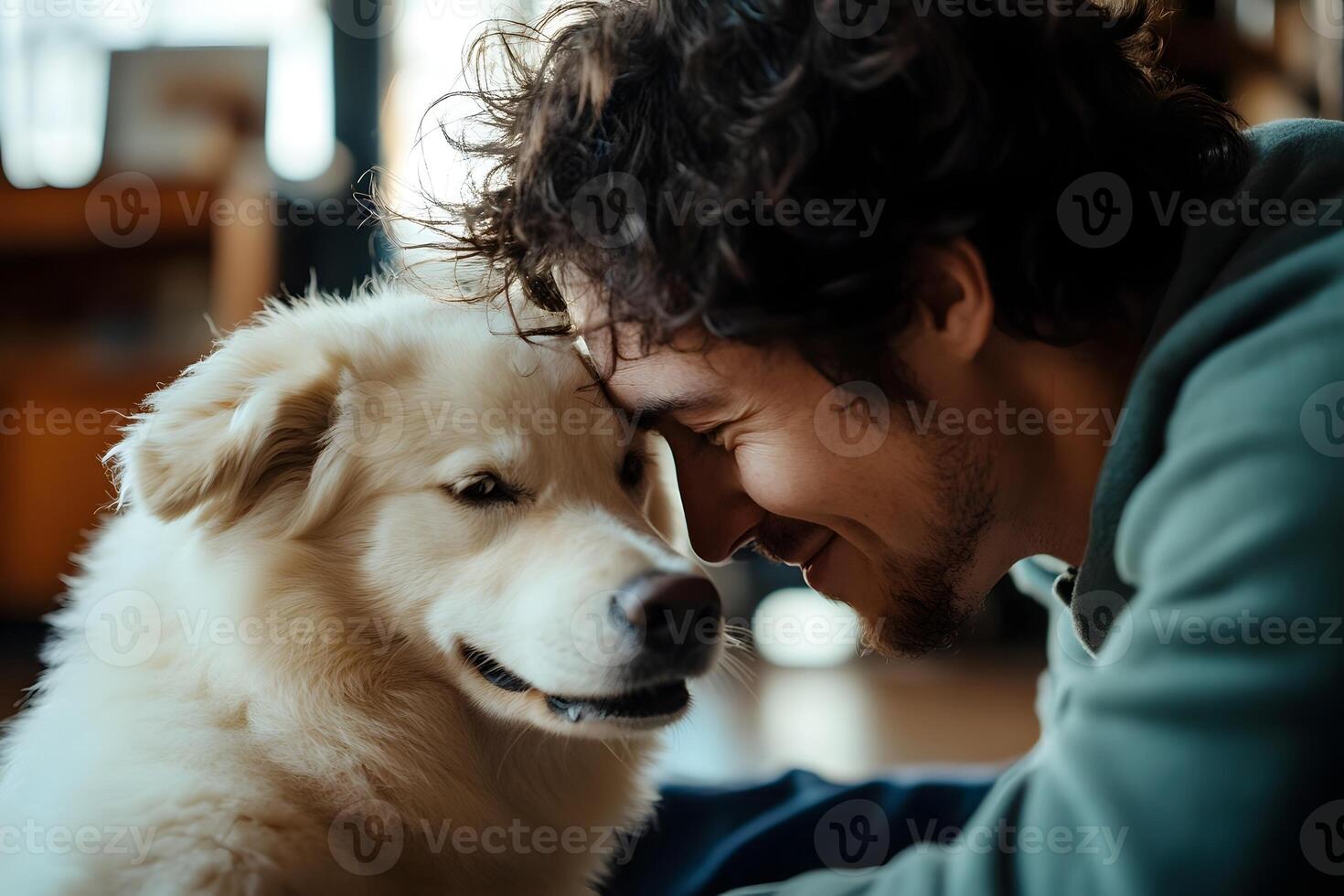 Heartwarming Documentary Photograph of Pet Owner Bonding with Loyal Canine Companion photo