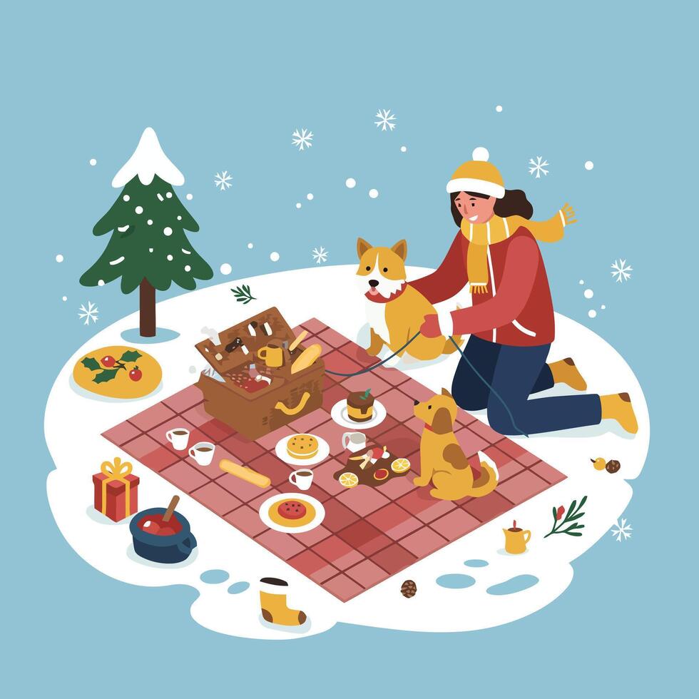 Enjoying Winter Picnic with Dogs in Snowy Landscape Illustration vector