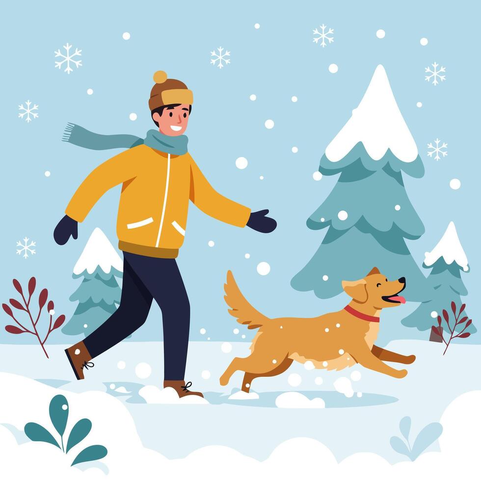 Person and Dog Having Fun Walking in Snow During Winter vector