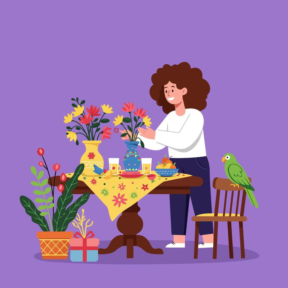 Woman Arranging Flowers in a Vase with Parrot Illustration vector