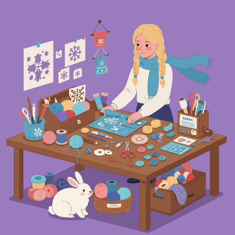 Woman Crafting Snowflakes at Table with Sewing and Craft Supplies vector
