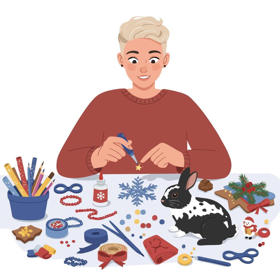 Person Crafting with Holiday Decorations Next to Spotted Rabbit vector