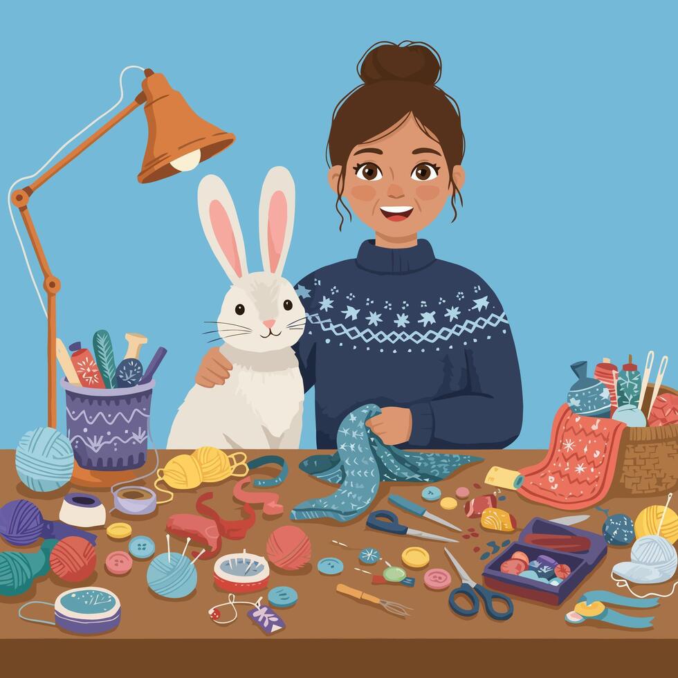 Woman Crafting with Rabbit at the Table Under the Lamp vector