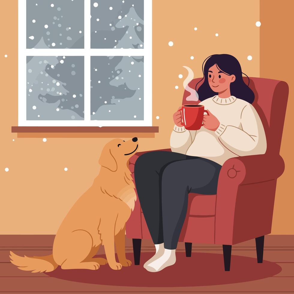 Woman Relaxing Indoors with Hot Drink and Dog Watching Snow vector