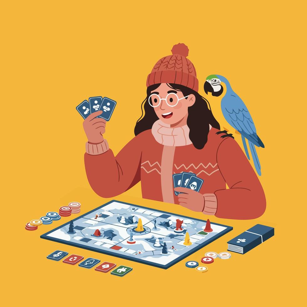 Woman Playing Board Game with Parrot on Shoulder Indoor Fun vector