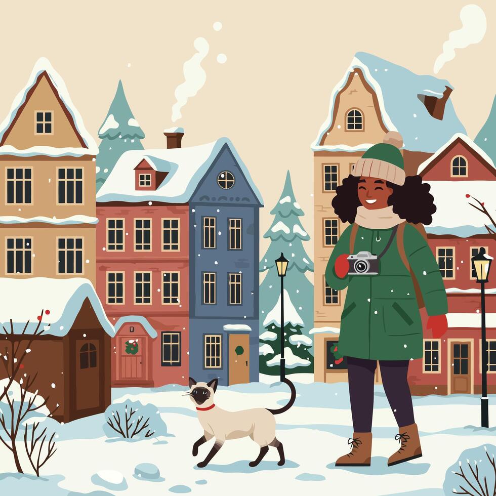 Woman Walking with Camera in Snowy Village with Siamese Cat vector